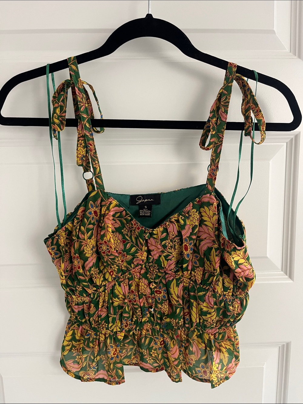 Japna Green Floral Tie-Strap Cami with Smocked Waist